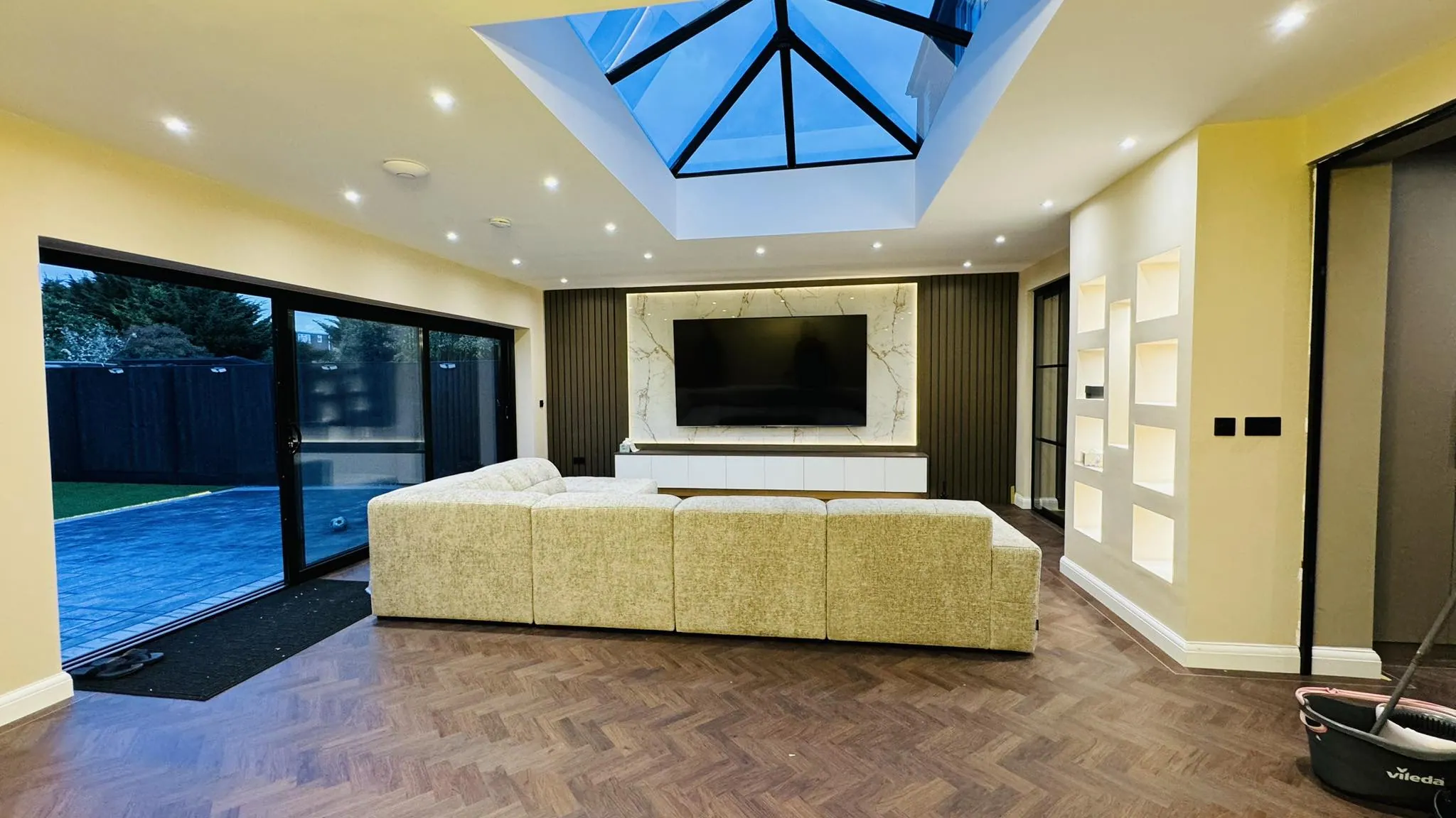 Contemporary living room with skylight